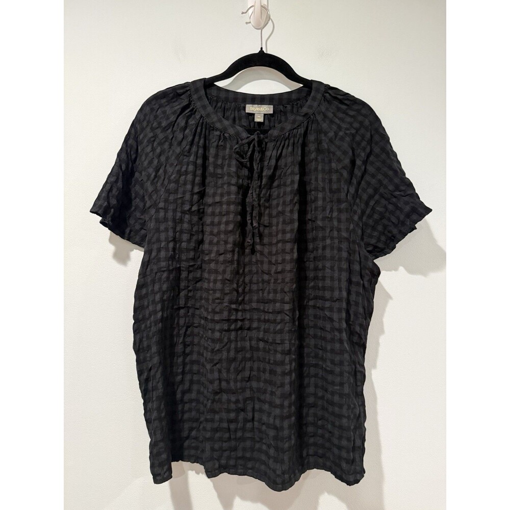 Style & Co Plaid Top Womens XXL Black Cotton Cruise Travel Vacation Lightweight